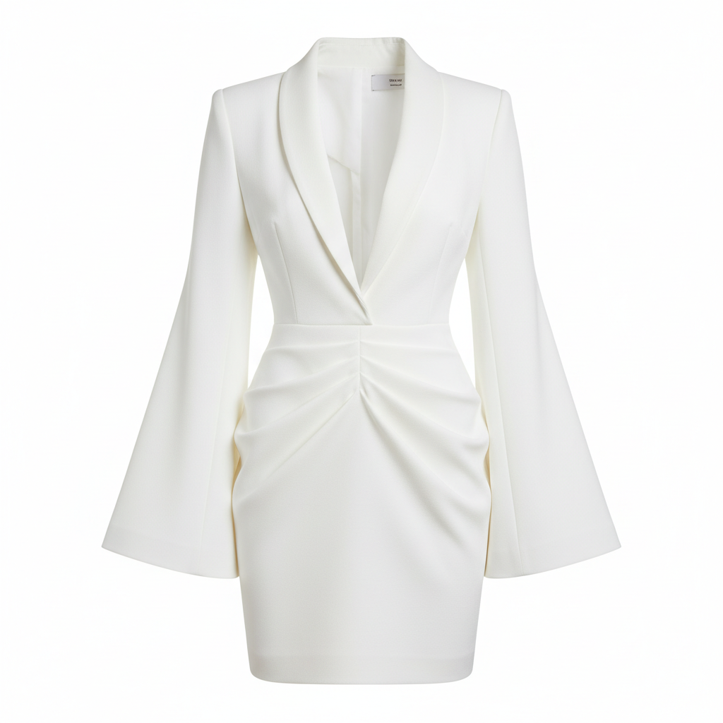 Silk-like Sheath Dress with Flared Sleeves and Deep V-Neckline for Women