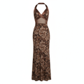 Silk Satin Floral Print Sheer Panel Halter Maxi Dress