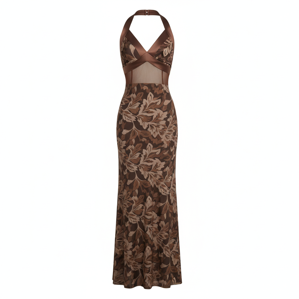Silk Satin Floral Print Sheer Panel Halter Maxi Dress