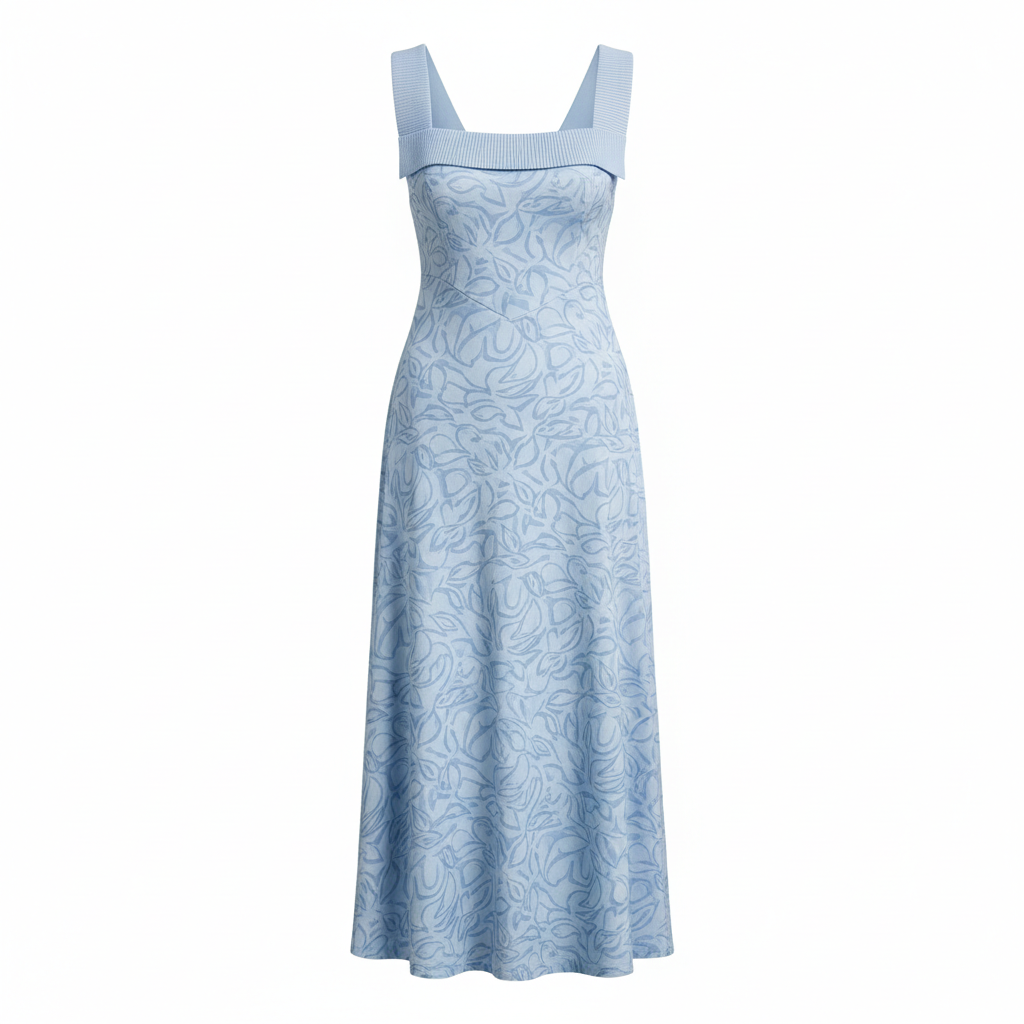 Light Blue Floral Knit Midi Dress with Square Neckline and Ribbed Trim