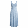 Light Blue Floral Knit Midi Dress with Square Neckline and Ribbed Trim
