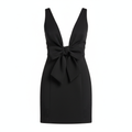 Satin-like Stretch Fabric Deep V-Neck Bow Detail Bodycon Mini Dress
