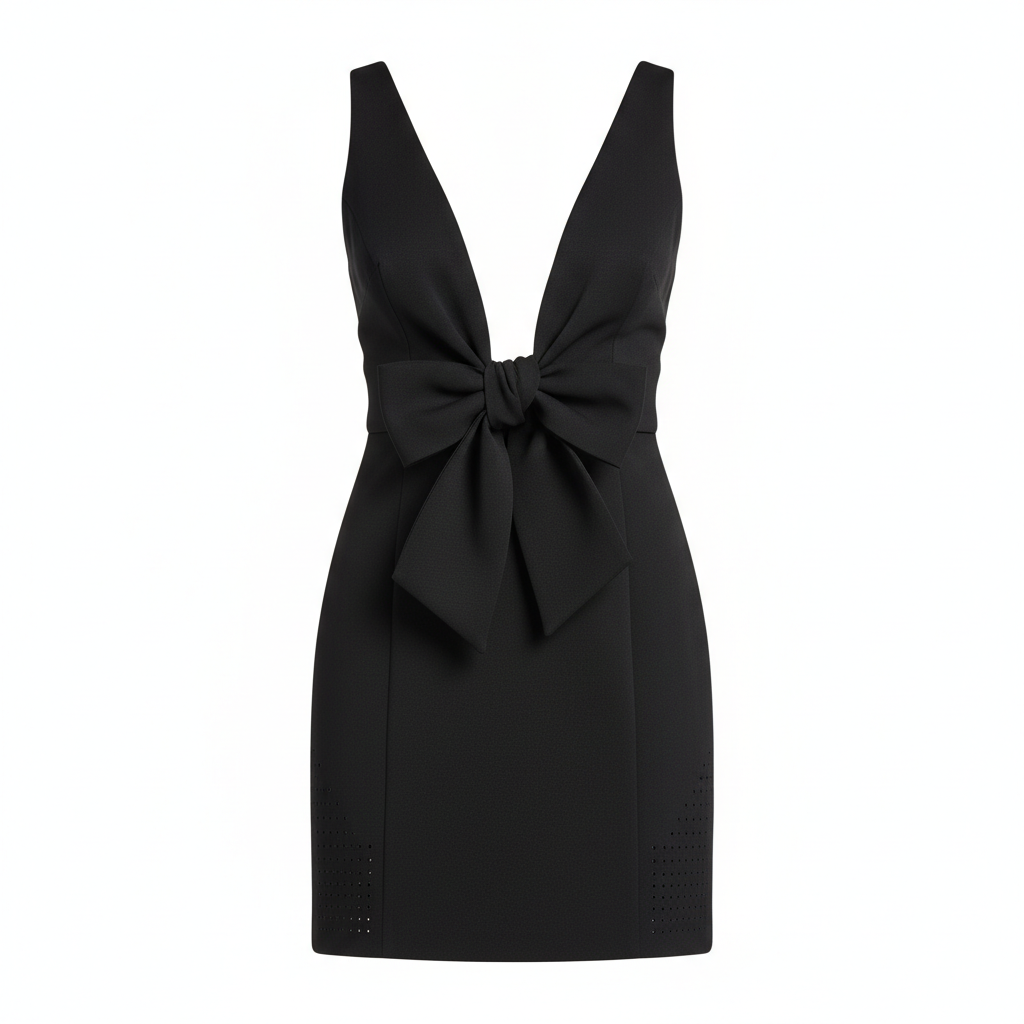 Satin-like Stretch Fabric Deep V-Neck Bow Detail Bodycon Mini Dress