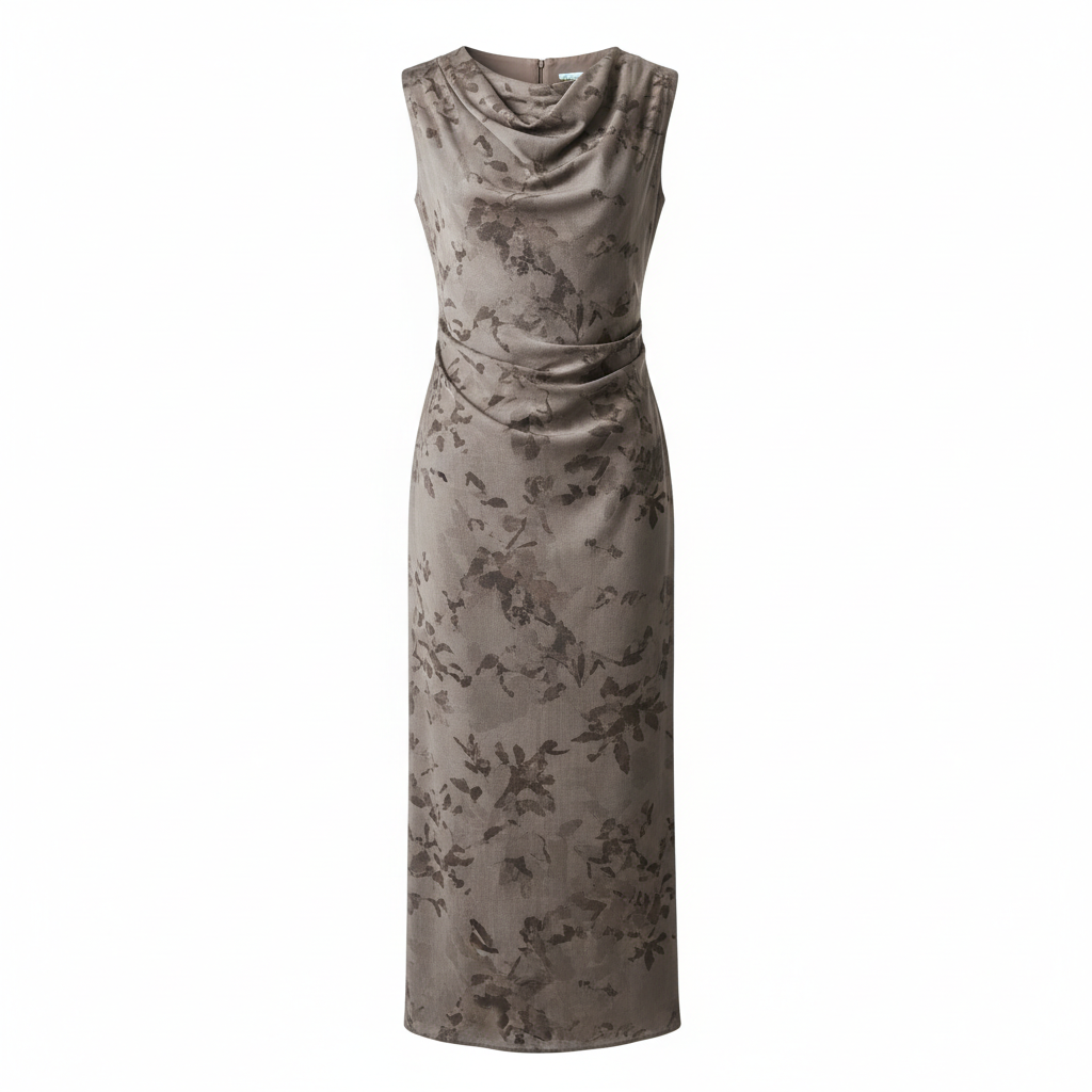 Silk-like Cowl Neck Midi Dress with Floral Print for Women Elegant Bodycon Fit