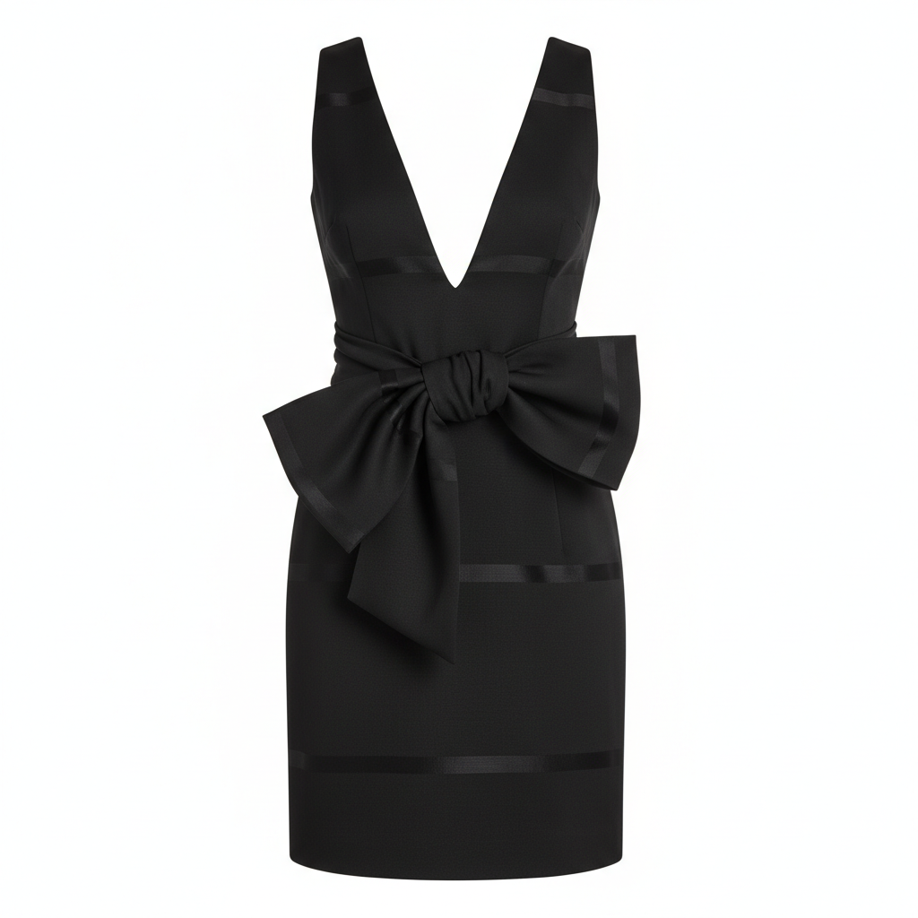 Silk-like Sheath Dress with Waist Bow Detail - Elegant Black Mini Dress for Women