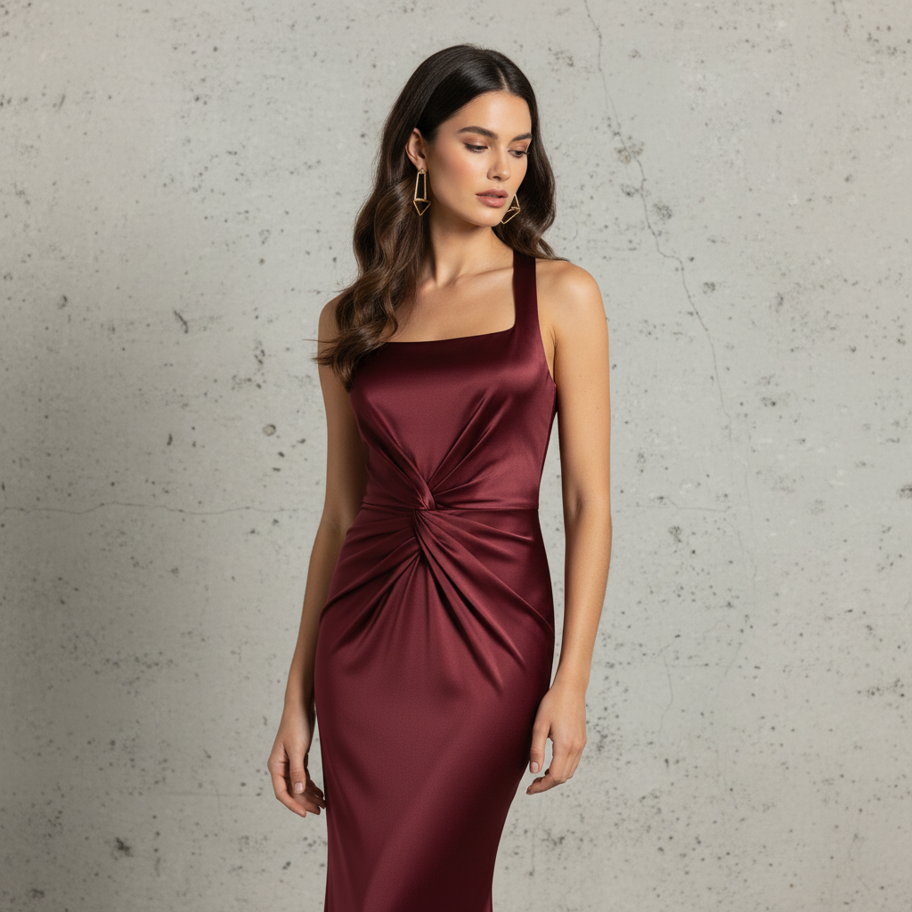 Satin Twist Front Maxi Dress Elegant Bodycon Cocktail Gown for Women