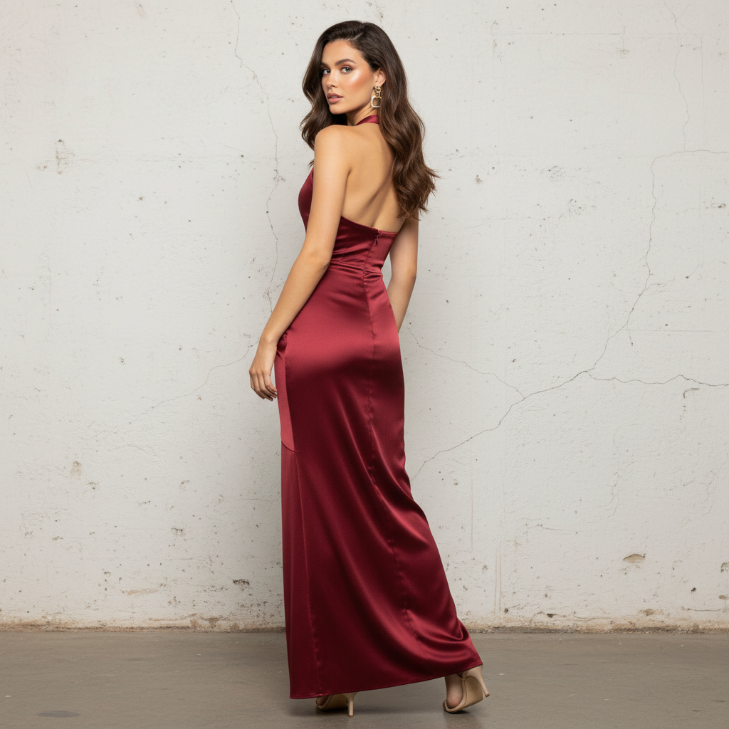 Silk Satin Halter Neck Long Dress with Draped Detailing for Formal Events