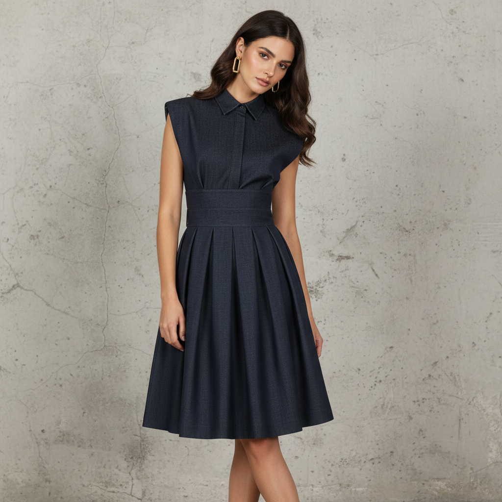 Woven Polyester Midi Dress with Collar and Pleated Skirt