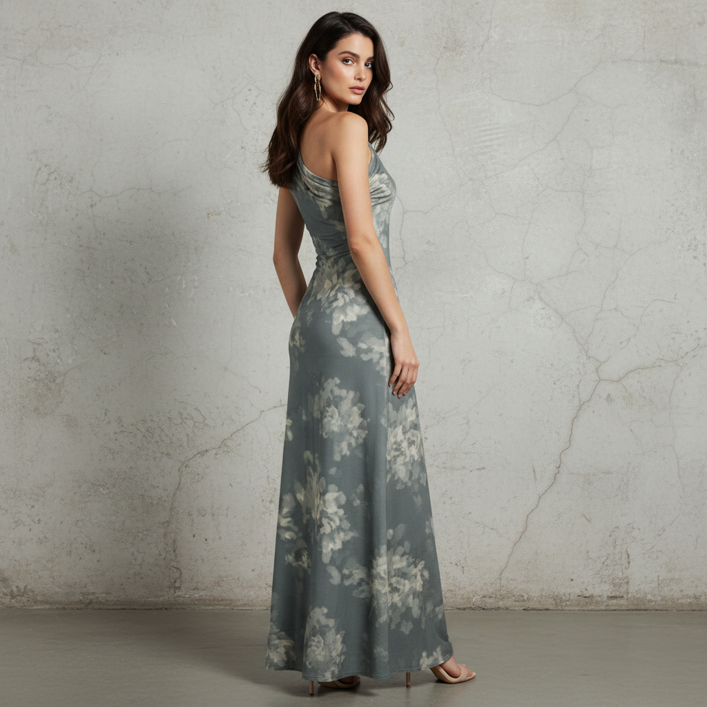 Silk-like One-Shoulder Floral Print Midi Dress for Women Elegant Asymmetrical Fit Bodycon Dress