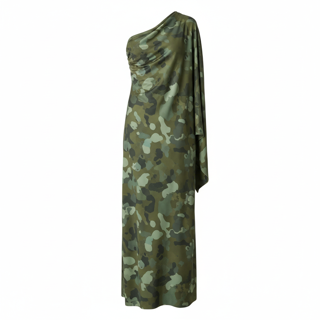 Silk-like Camouflage One-Shoulder Maxi Dress for Women Elegant Asymmetric Design Long Formal Dress