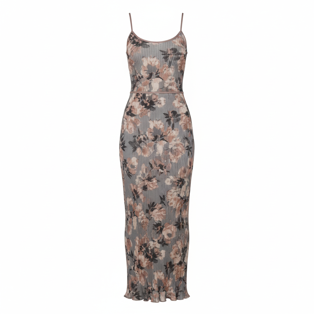 Floral Print Ribbed Stretch Satin Midi Dress for Women - Elegant Bodycon Fit with Thin Straps and Ruffled Hem