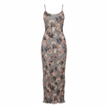 Floral Print Ribbed Stretch Satin Midi Dress for Women - Elegant Bodycon Fit with Thin Straps and Ruffled Hem