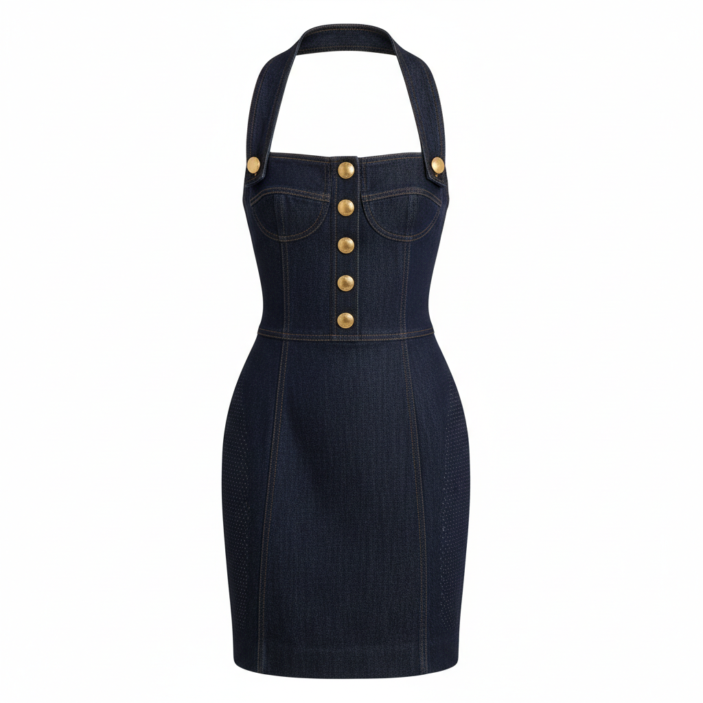 Denim Halter Neck Bodycon Dress with Front Buttons and Pockets