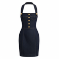 Denim Halter Neck Bodycon Dress with Front Buttons and Pockets