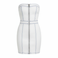 White Structured Strapless Bodycon Dress with Blue Stitching and Front Zipper