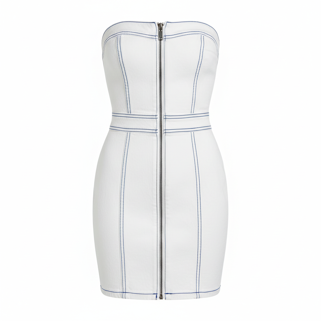 White Structured Strapless Bodycon Dress with Blue Stitching and Front Zipper