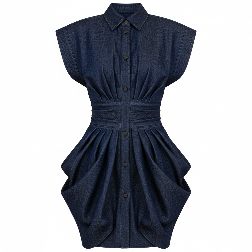 Denim Sleeveless Button-Down Dress with Pleated Hem and Collar Detail