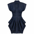 Denim Sleeveless Button-Down Dress with Pleated Hem and Collar Detail