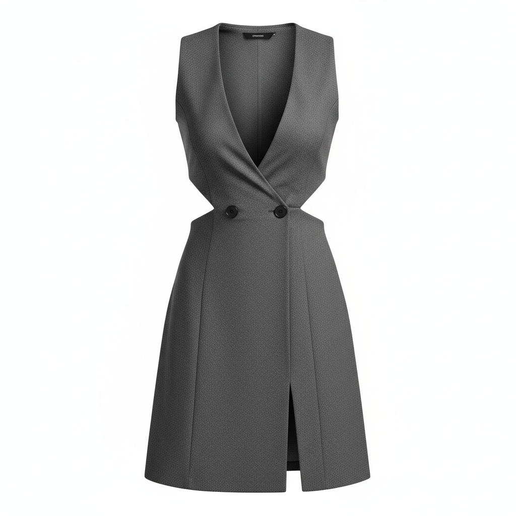 Polyester Blend Sleeveless Cutout V-Neck Sheath Dress with Double Button Front and Front Slit