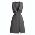 Polyester Blend Sleeveless Cutout V-Neck Sheath Dress with Double Button Front and Front Slit