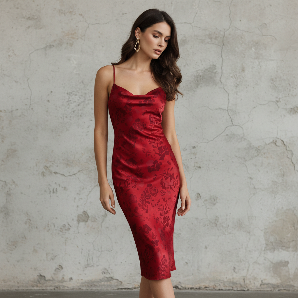 Silk Satin Floral Print Slip Dress for Women Elegant Red Mid-Length Bodycon Dress with Thin Straps