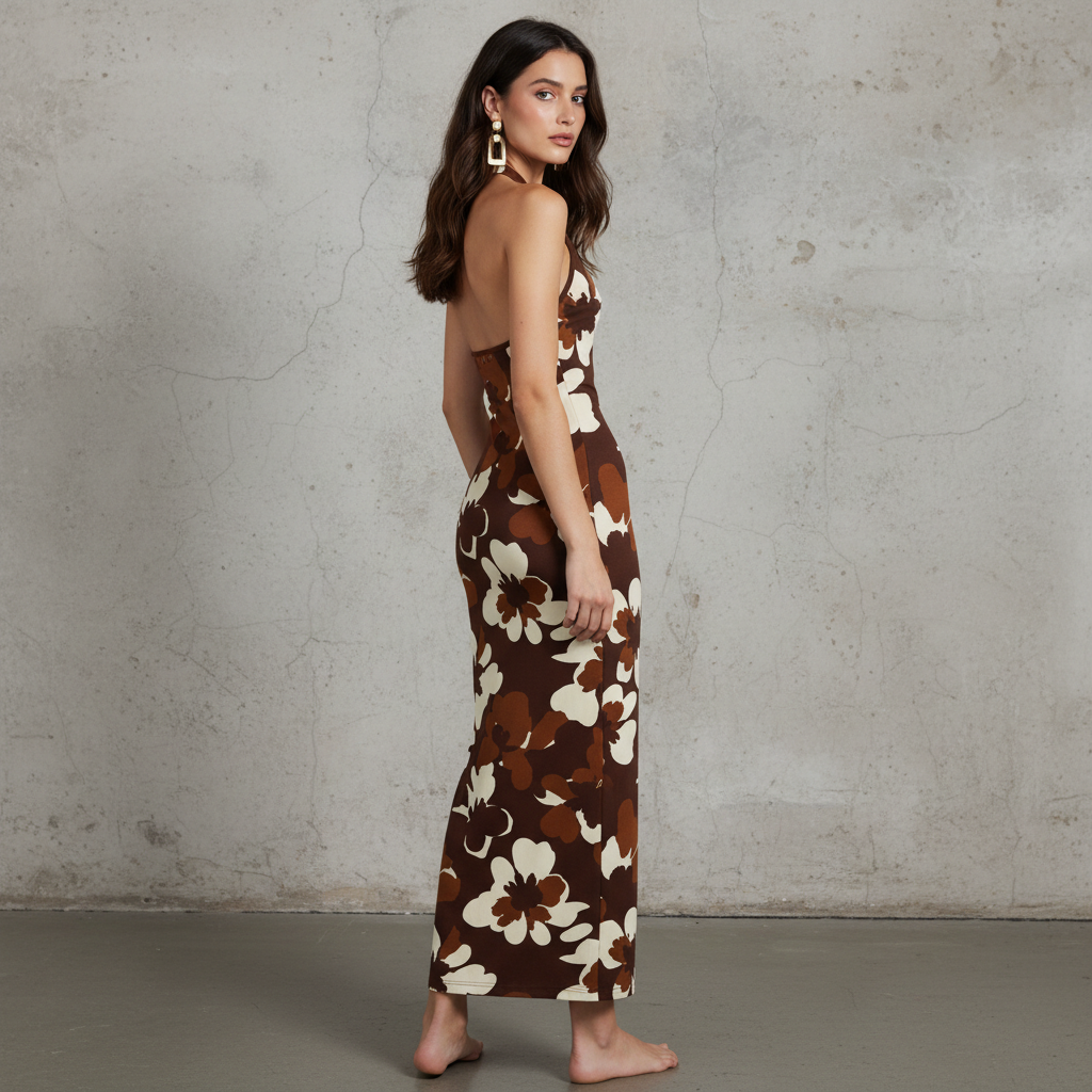 Floral Print Halter Neck Midi Dress in Satin-Like Fabric for Women