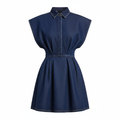 Denim Sleeveless Collared Dress with A-Line Silhouette and Front Button Closure