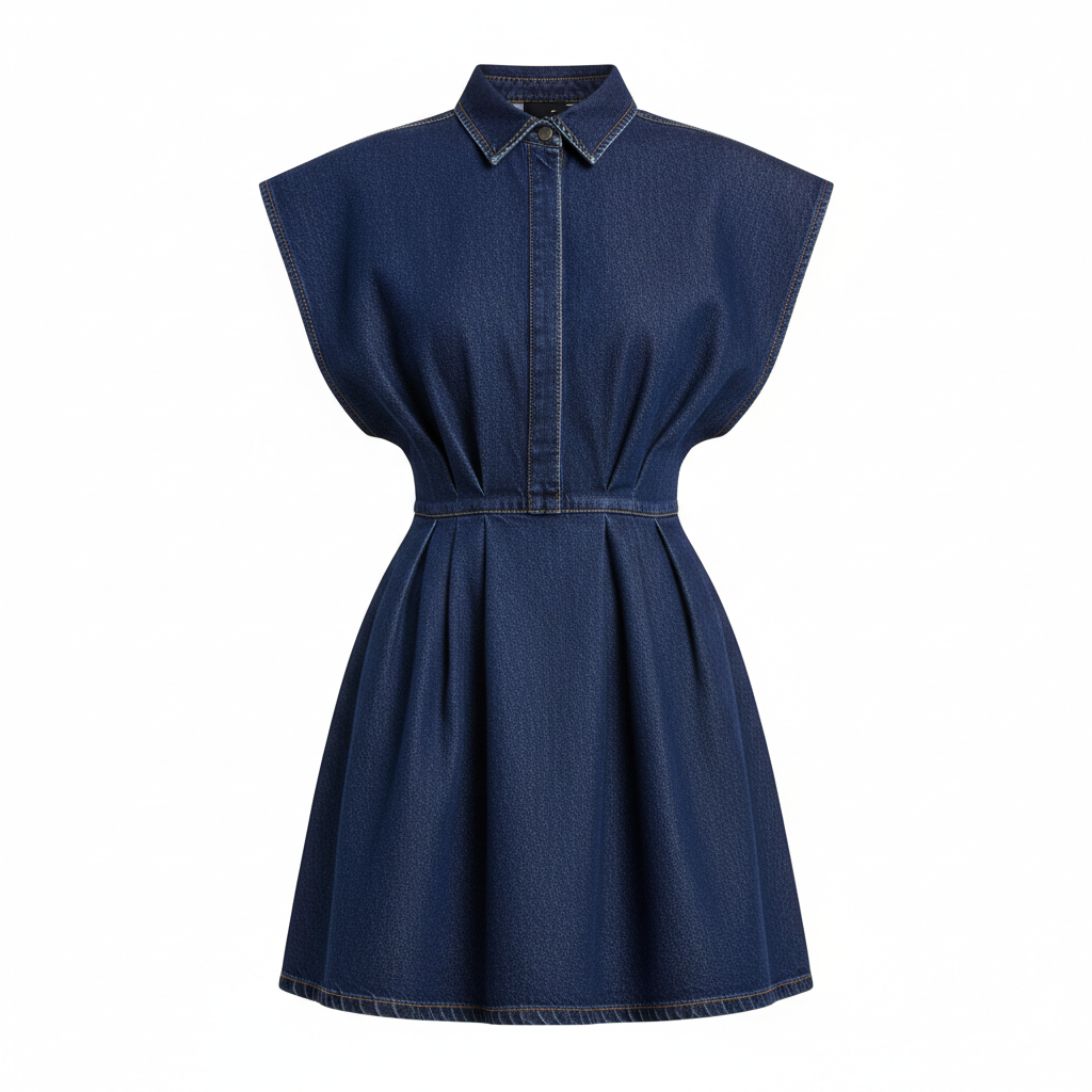Denim Sleeveless Collared Dress with A-Line Silhouette and Front Button Closure