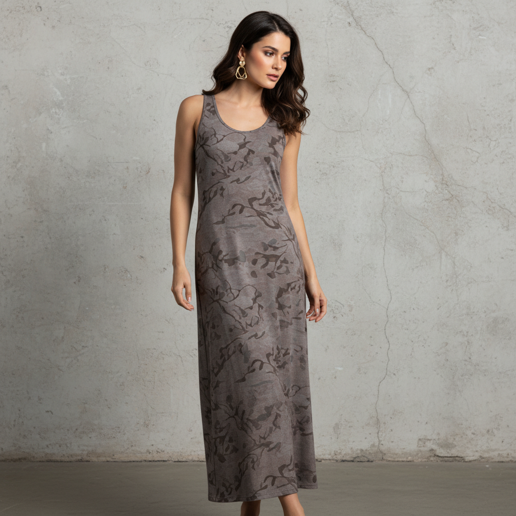Modal Blend Long Sleeveless Dress with Floral Print for Women