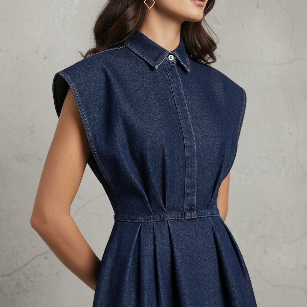 Denim Sleeveless Collared Dress with A-Line Silhouette and Front Button Closure
