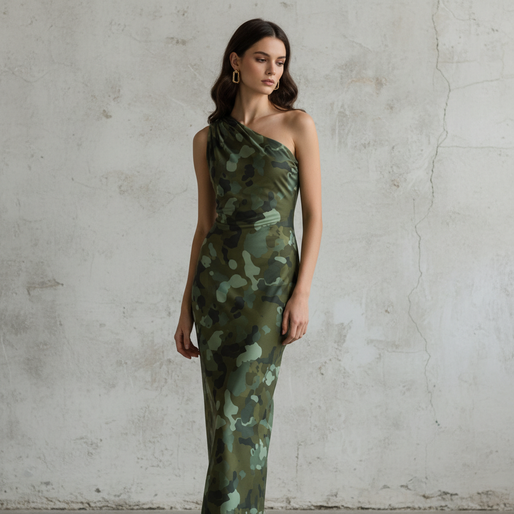 Silk-like Camouflage One-Shoulder Maxi Dress for Women Elegant Asymmetric Design Long Formal Dress