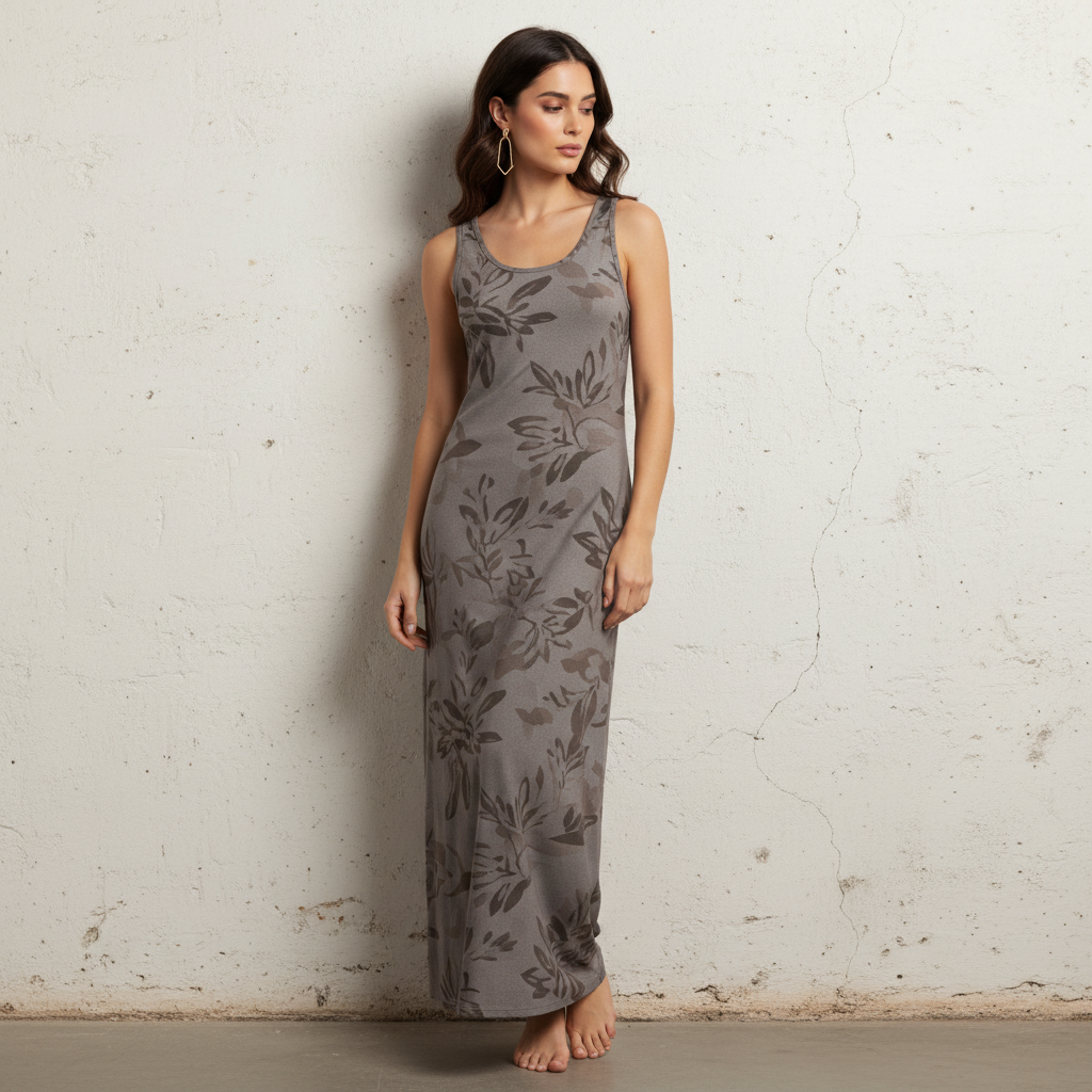 Modal and Polyester Long Sleeveless Dress with Floral Print for Women