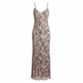Floral Printed Pleated Silk-Blend Maxi Dress for Women - Elegant V-Neck Spaghetti Strap Long Dress