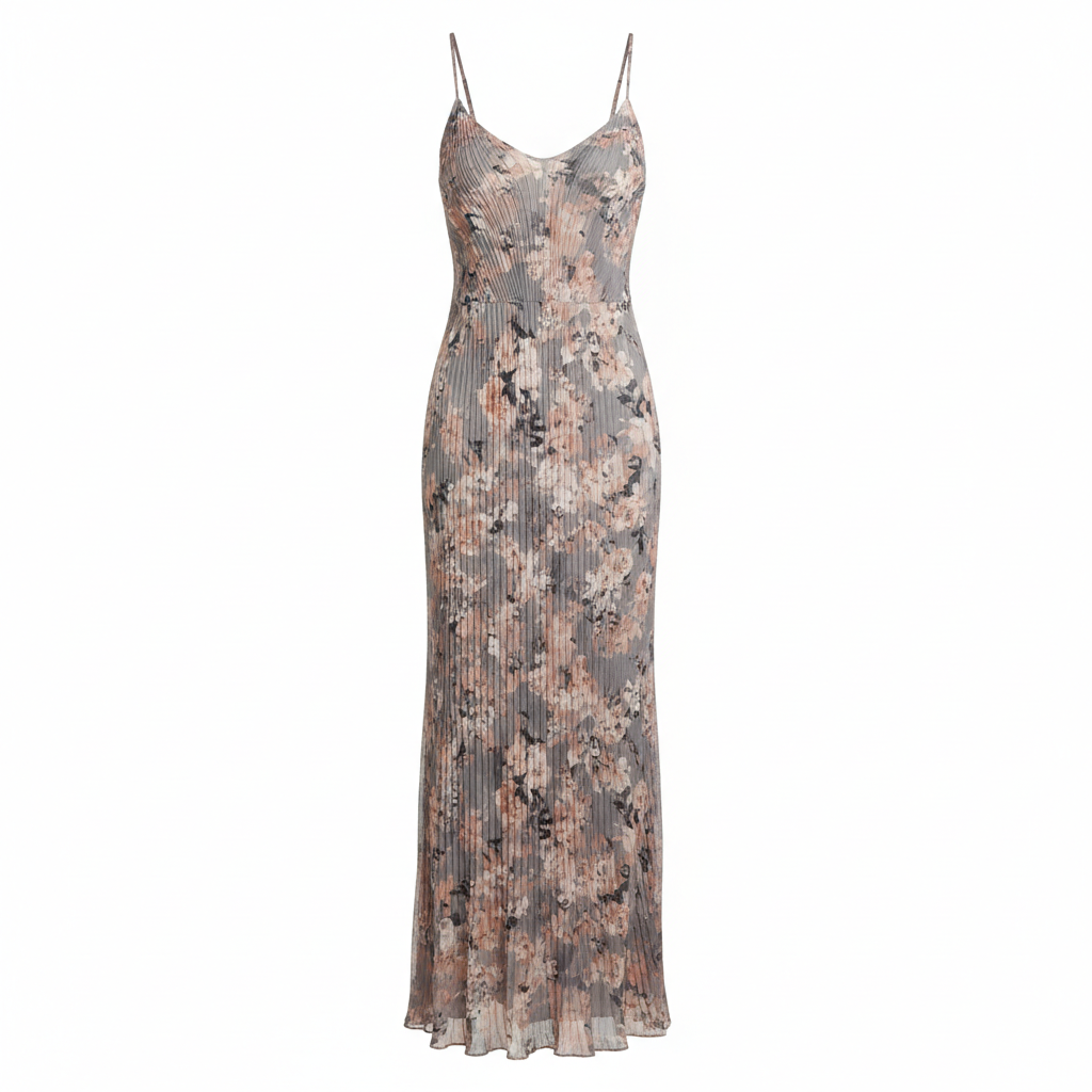 Floral Printed Pleated Silk-Blend Maxi Dress for Women - Elegant V-Neck Spaghetti Strap Long Dress