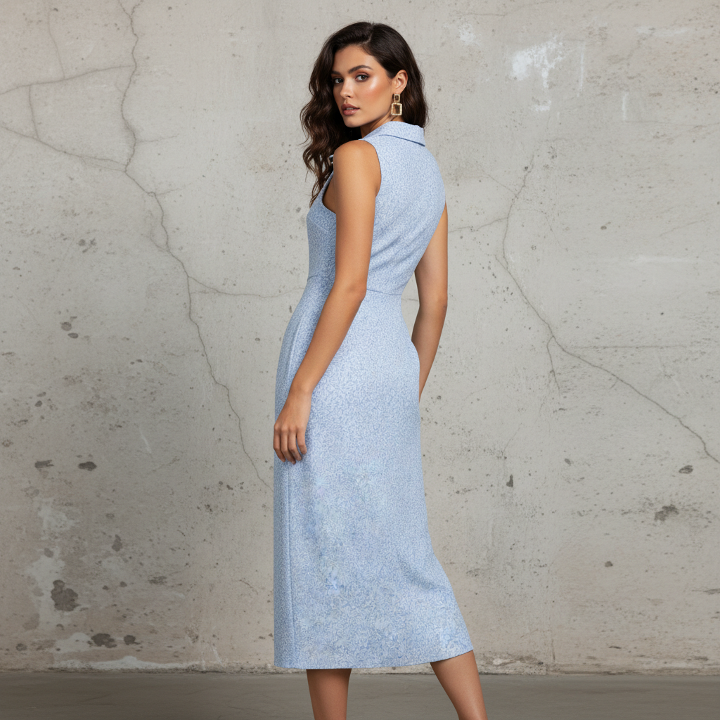 Light Blue Printed Polyester Midi Dress with Square Neck and Collar Detail