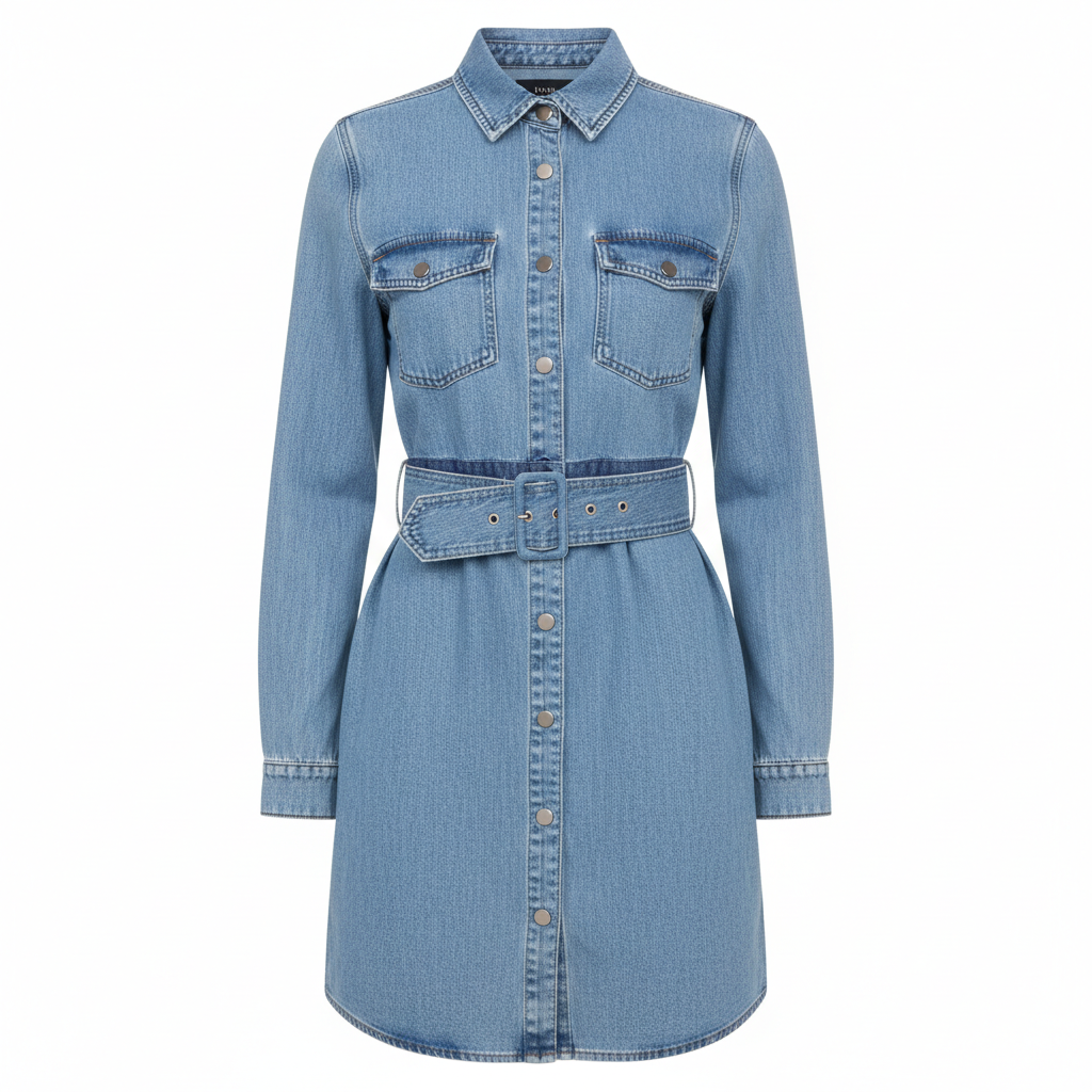 Denim Shirt Dress with Belted Waist and Front Button Closure