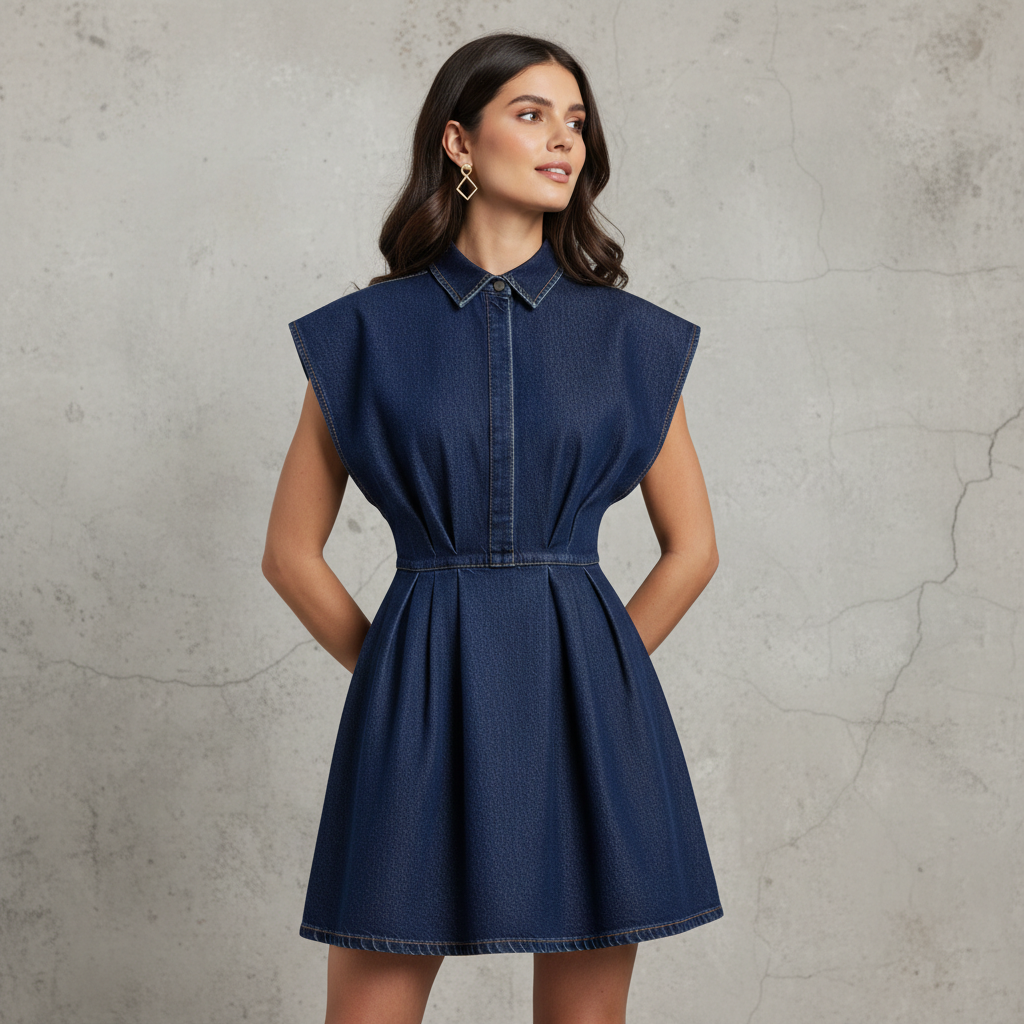 Denim Sleeveless Collared Dress with A-Line Silhouette and Front Button Closure