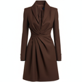 Silk-Blend Tuxedo Dress with Deep V-Neck and Waist Pleat Detail