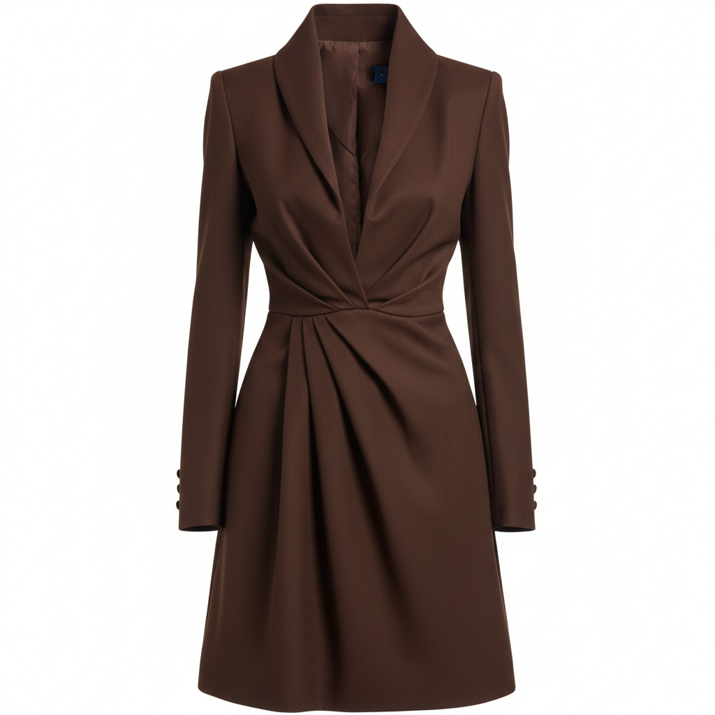 Silk-Blend Tuxedo Dress with Deep V-Neck and Waist Pleat Detail
