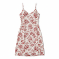 Floral Printed Ribbed Satin Slip Dress for Women - Elegant V-Neck Mini Dress with Thin Straps