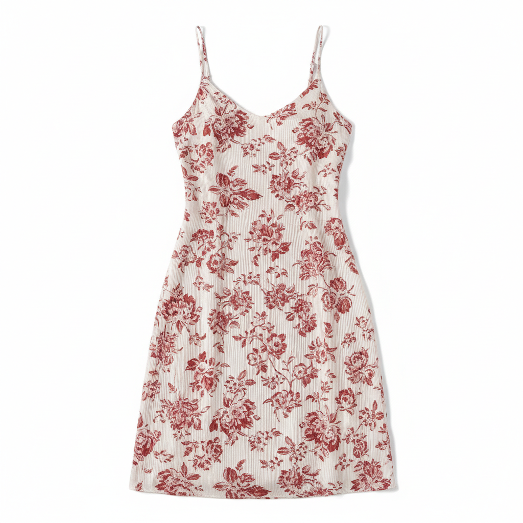 Floral Printed Ribbed Satin Slip Dress for Women - Elegant V-Neck Mini Dress with Thin Straps