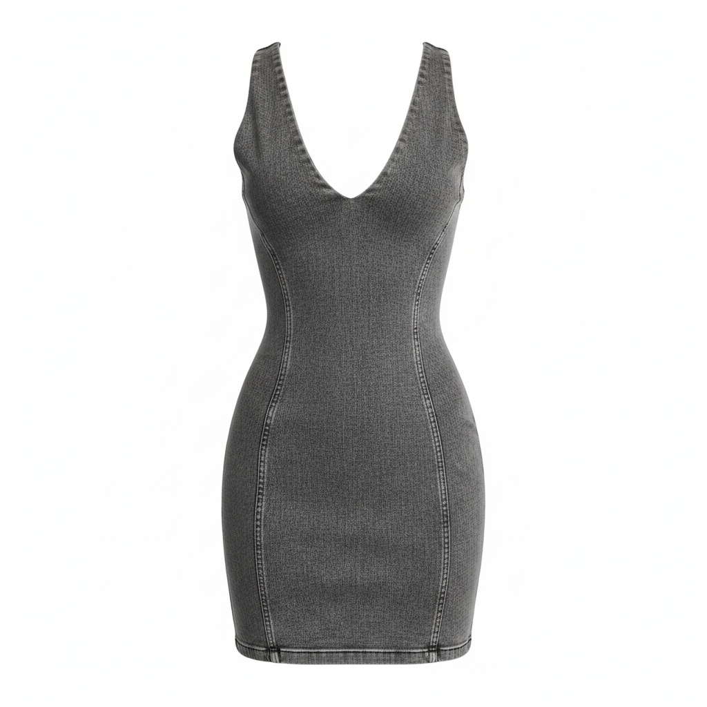 Denim Bodycon Dress with Deep V-Neck and Back Cutout for Women
