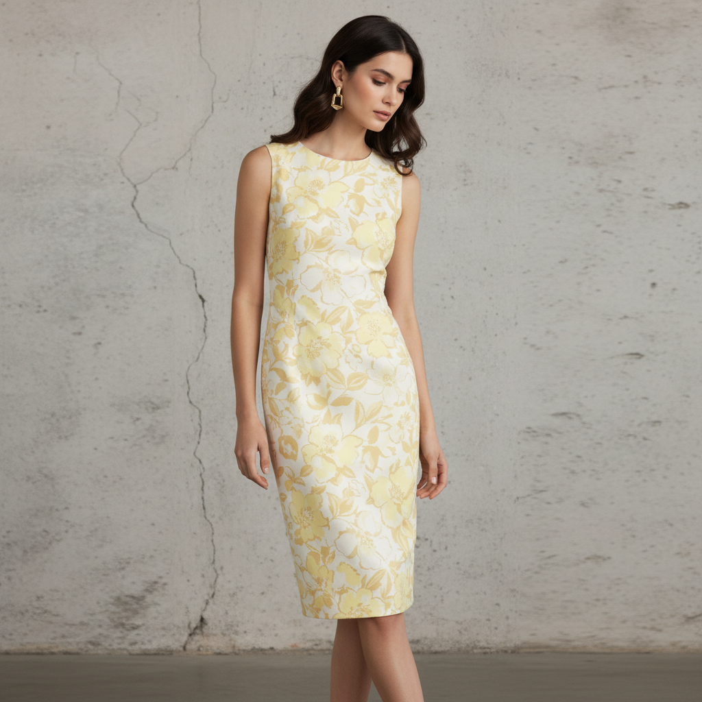 Silk-Like Sheath Dress with Yellow Floral Print - Elegant Mid-Length Sleeveless Women's Dress