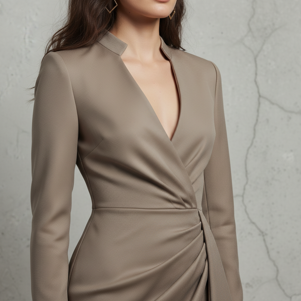 Silk-like Wrap Dress with Deep V-Neck and Long Sleeves for Women Elegant Bodycon Midi Dress
