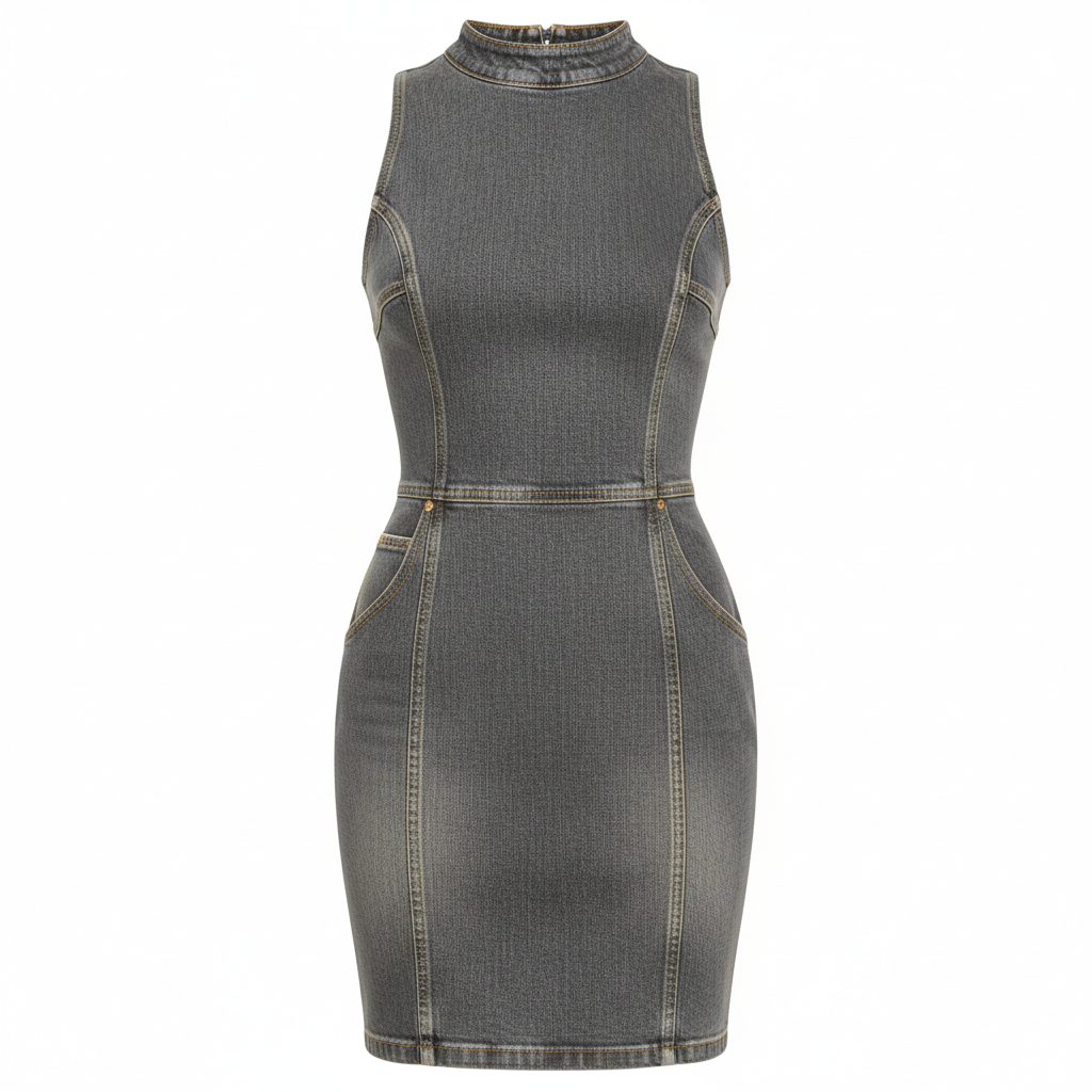 Denim Sleeveless High Neck Bodycon Dress for Women
