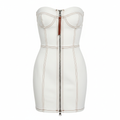 PU Leather Strapless Bodycon Dress with Front Zipper and Contrast Stitching