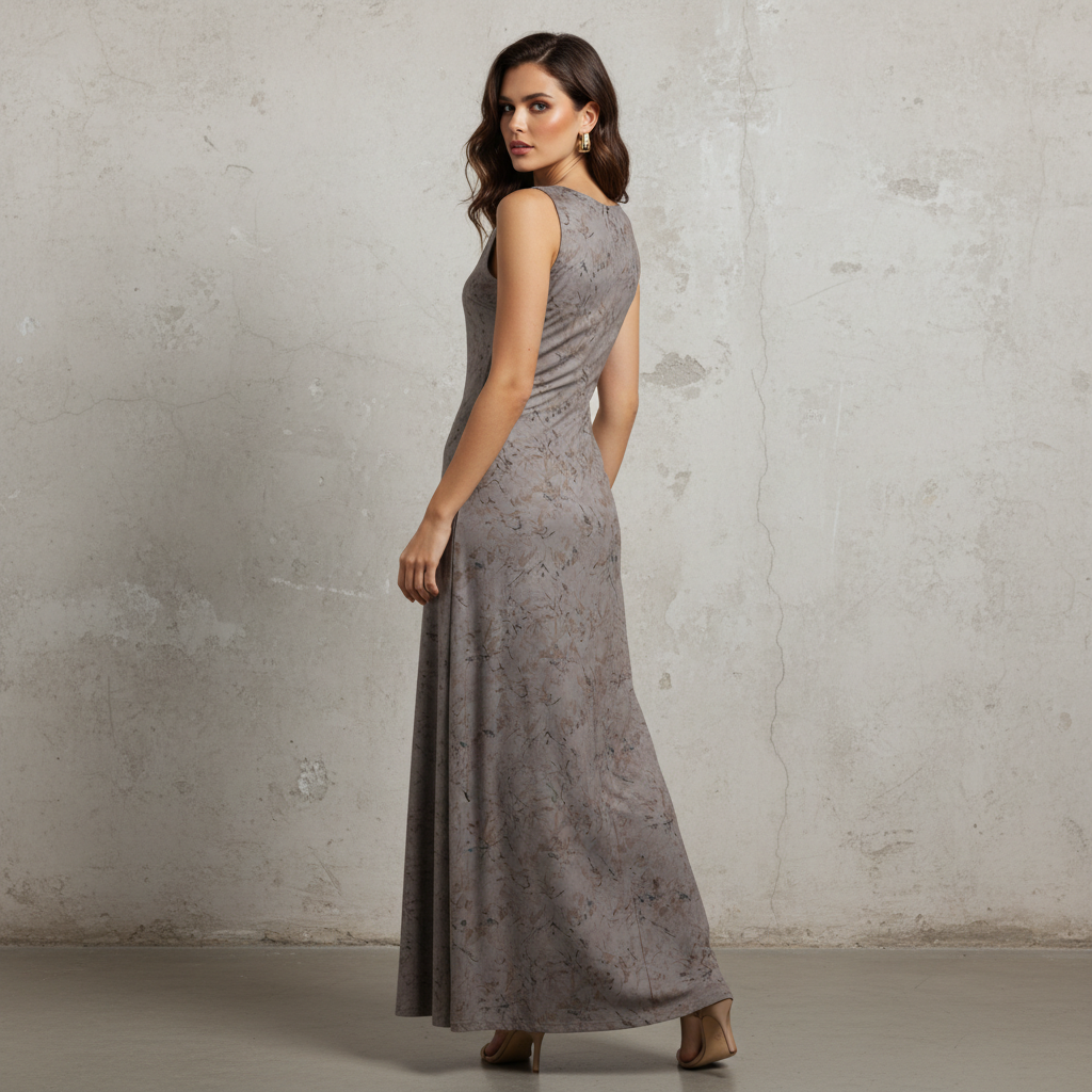 Silk-like Sheer Floral Print Sleeveless Maxi Dress for Women Elegant Long Bodycon Dress with Round Neck and Back Zipper