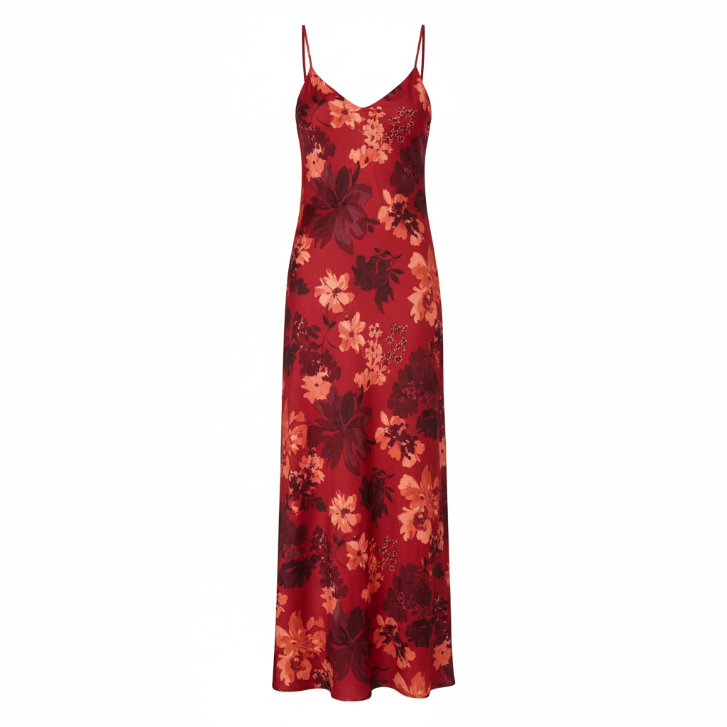 Silk Satin Floral Print Slip Dress for Women - Elegant V-Neck Midi Length Bodycon Dress with Thin Straps