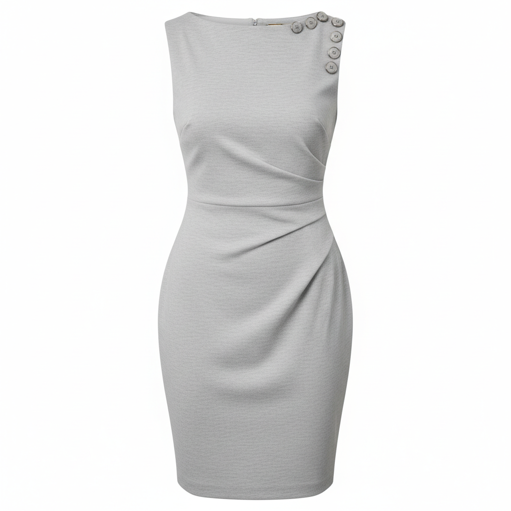Polyester Knit Sheath Dress with Button Detailing - Fitted Midi Bodycon Style for Women