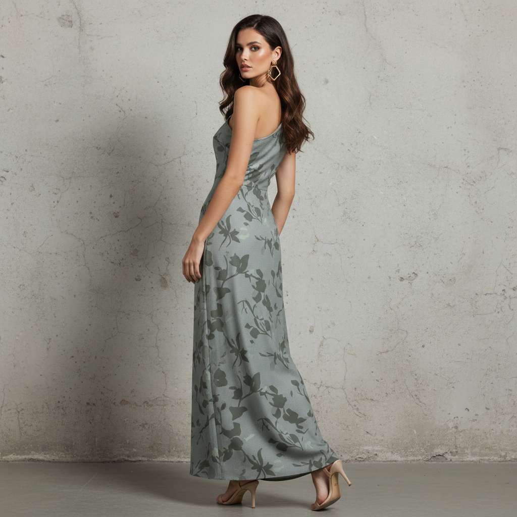 Silk-Blend One-Shoulder Floral Midi Dress for Women Elegant Asymmetric Design Stretchy Fit Formal Evening Wear